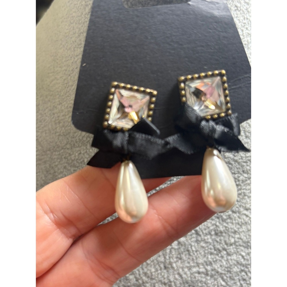 #38. Square Crystal Stud Faux Pearl Drop Earrings